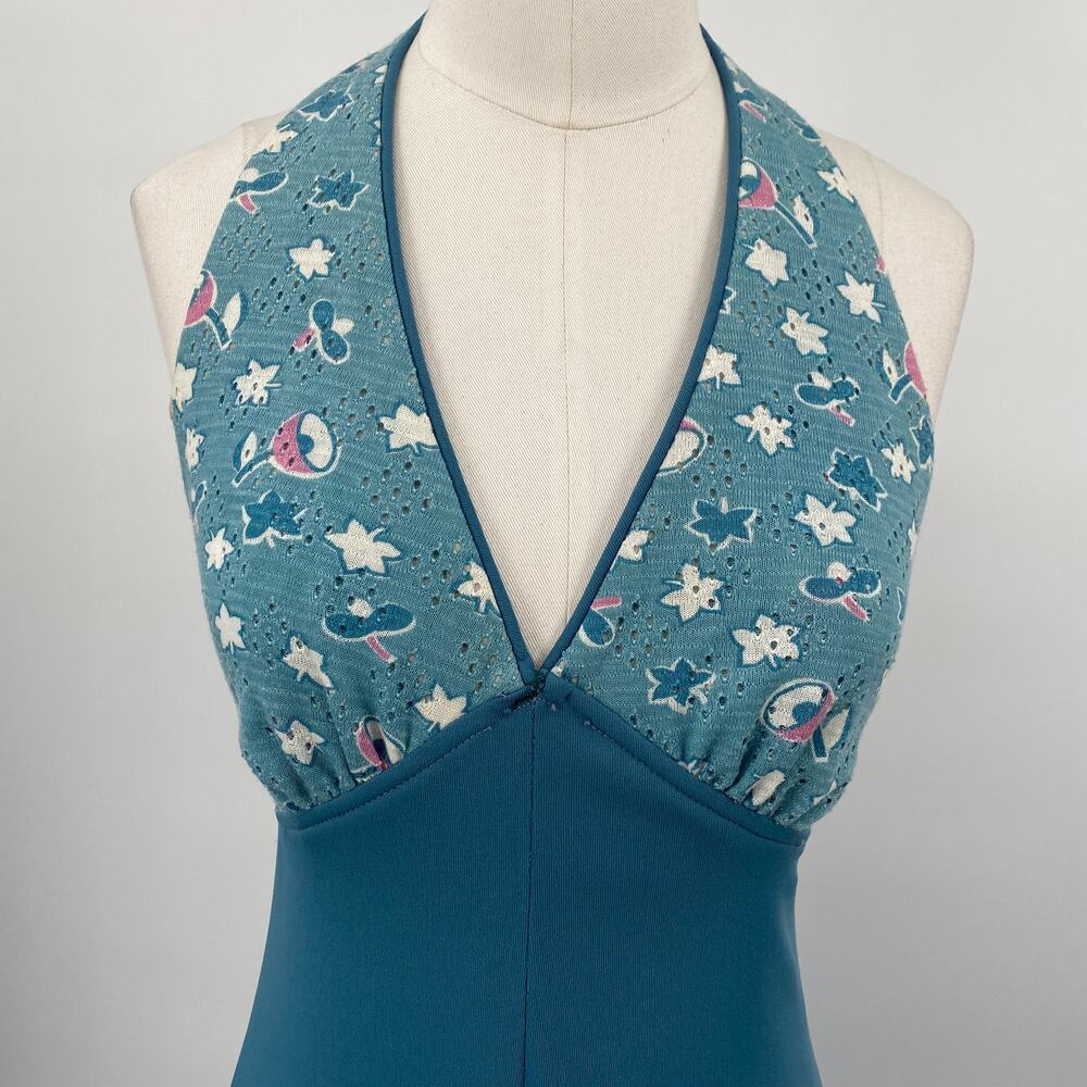 Vintage 70s Halter Dress Floral Pattern Triangle Bodice Teal Blue Pink Womens XS - Picture 2 of 10